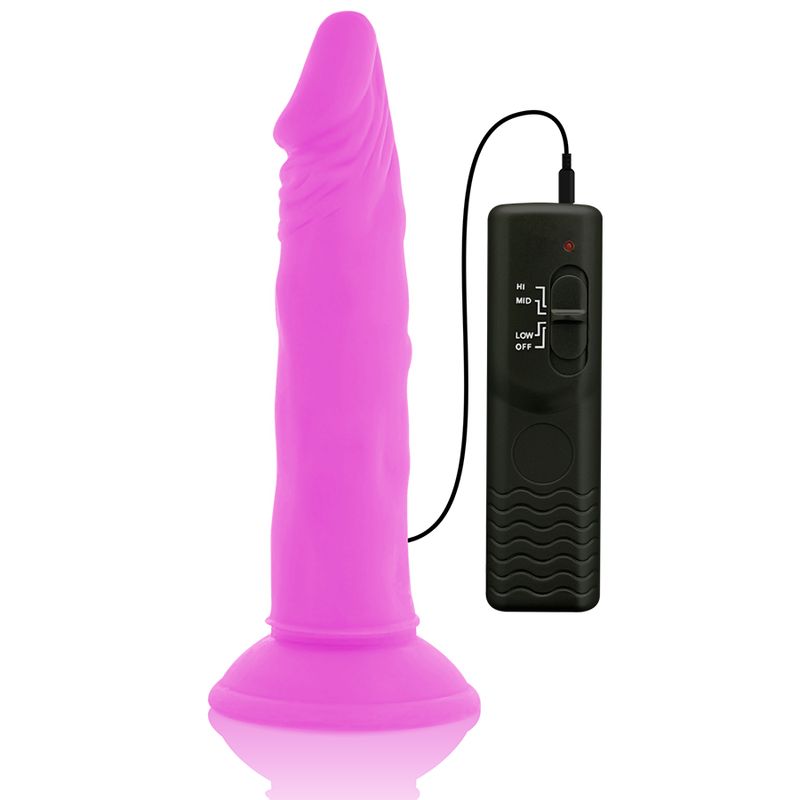 Pinkfarbener Dildo mit schwarzer Fernbedienung. Die Fernbedienung hat einen Schalter mit den Einstellungen "High", "Mid", "Low" und "Off".