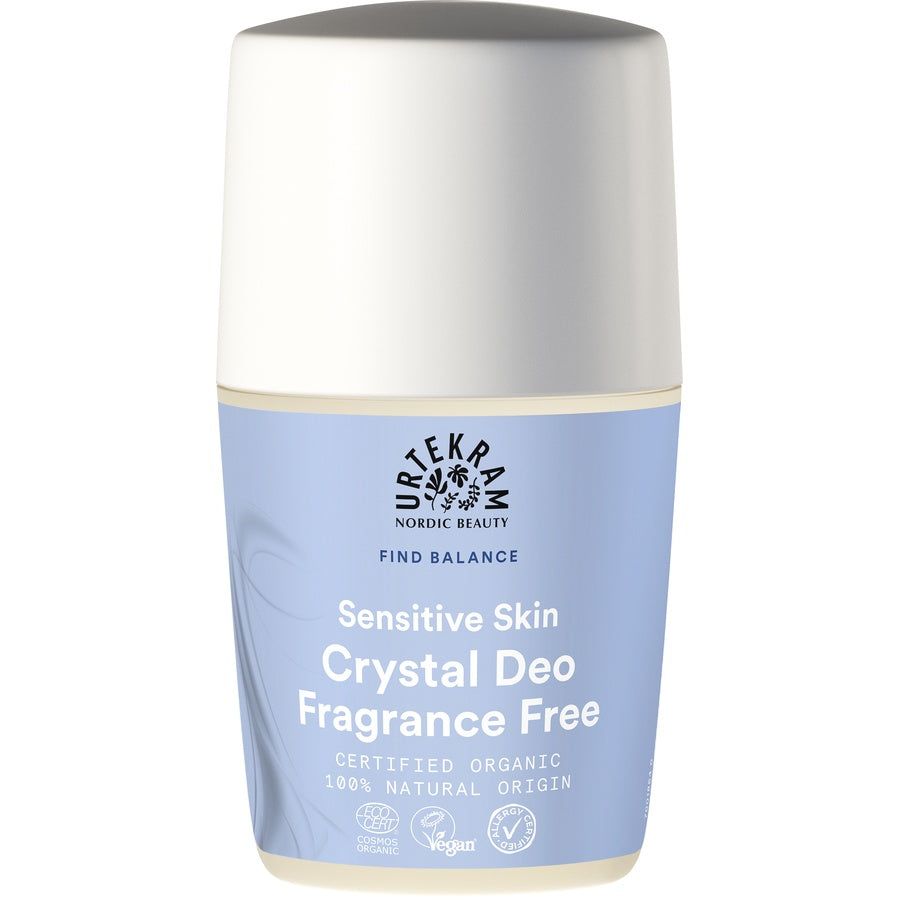 Deo-Roller mit weißem Deckel und hellblauem Etikett. Aufschrift: Urtekram, Crystal Deo, Fragrance Free, Sensitive Skin.