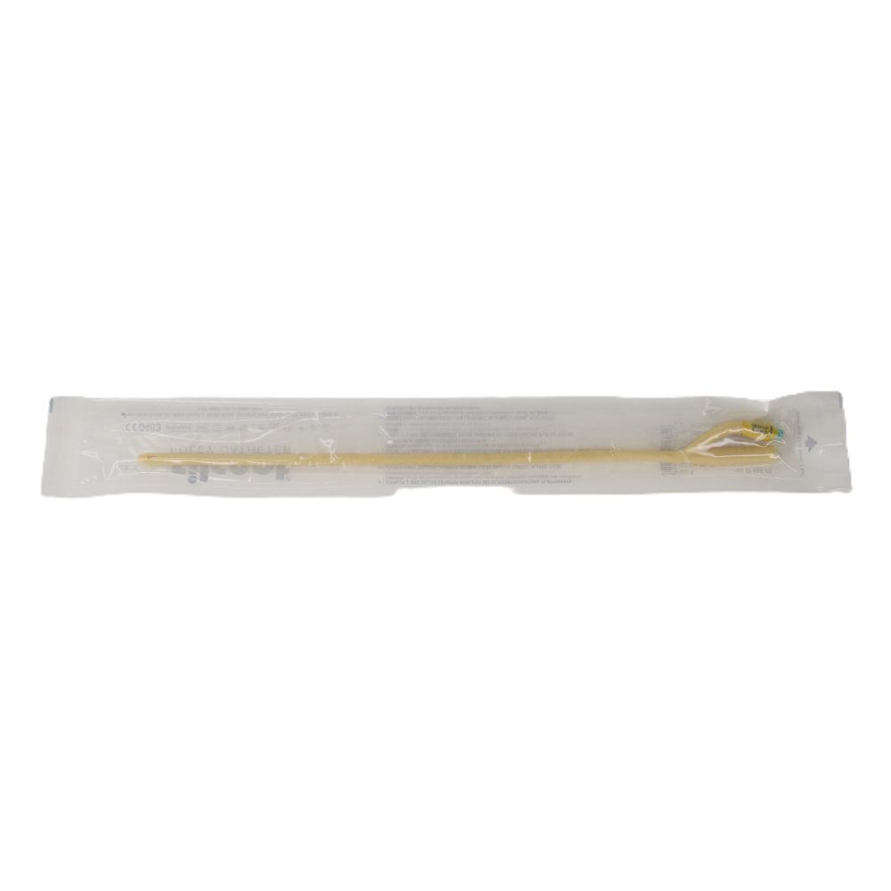 Katheter in steriler Verpackung. Schlauchförmig, gelb. Mit grünem Verschluss.