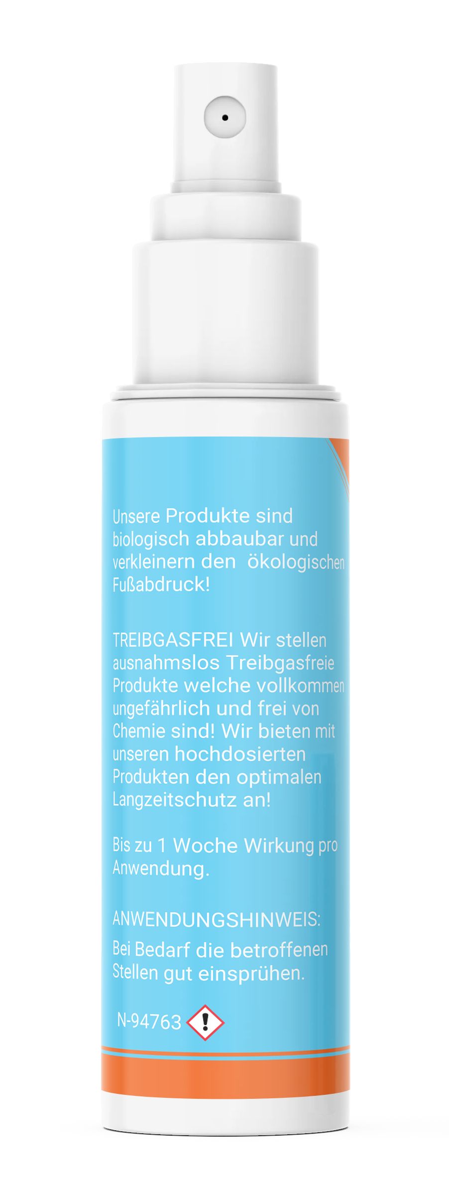 Rückseite der Sprayflasche. Text: biologisch abbaubar, treibgasfrei, bis zu 1 Woche Wirkung. Anwendungshinweis und N-94763.