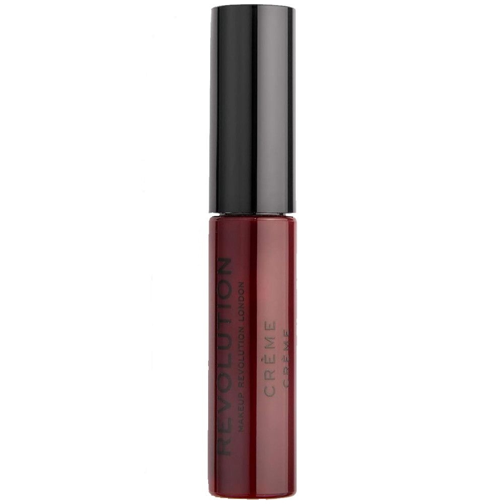 Lippenstift in einer zylindrischen Flasche mit schwarzem Deckel. Auf der Flasche steht "REVOLUTION LONDON CRÈME".