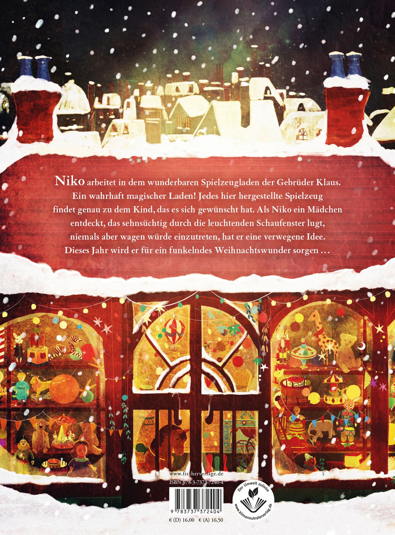 Rückseite des Buches "Die Weihnachtskinder und der magische Spielzeugladen". Text und Illustrationen des Spielzeugladens.