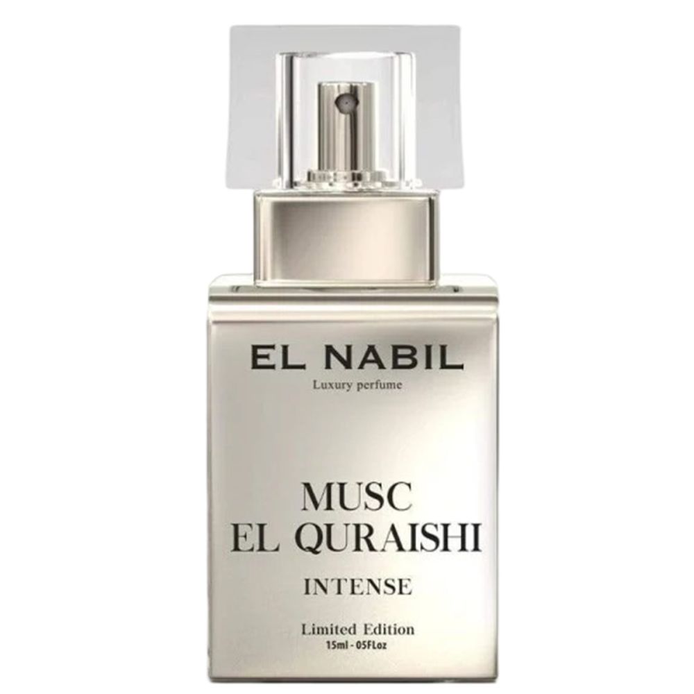 Parfümflakon mit silberfarbenem Gehäuse und transparentem Sprühkopf. Aufschrift: EL NABIL, MUSC EL QURAISHI, INTENSE, Limited Edition.