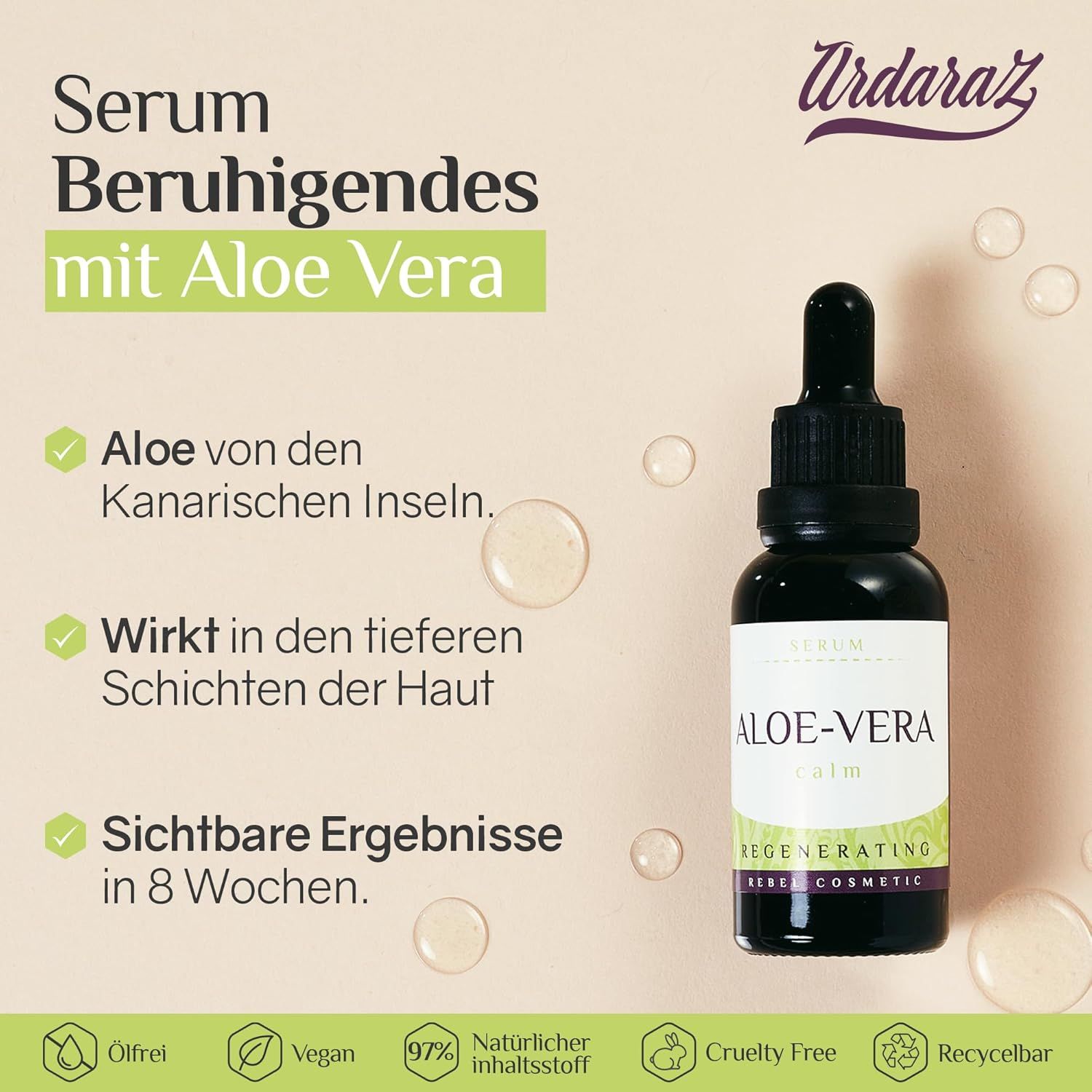Aloe Vera Serum mit Pipette. Text: Aloe Vera Calm, Vegan, Cruelty Free, Recycelbar.