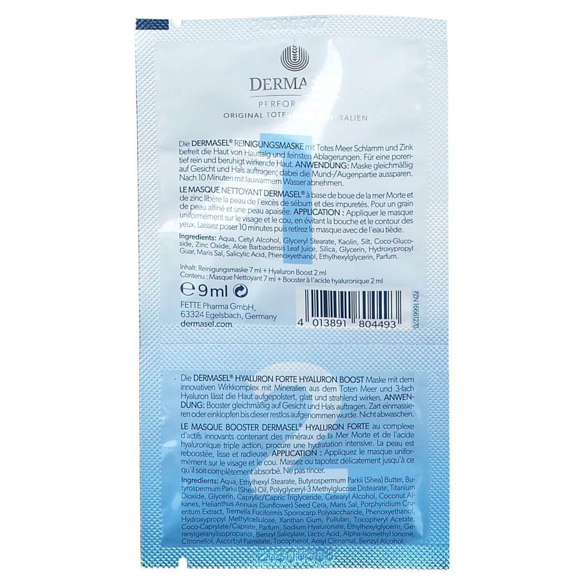 Doppelpackung DermaSel® Performance Hyaluron Boost Pflegemaske. Rückseite mit Produktinformationen und Inhaltsstoffen.
