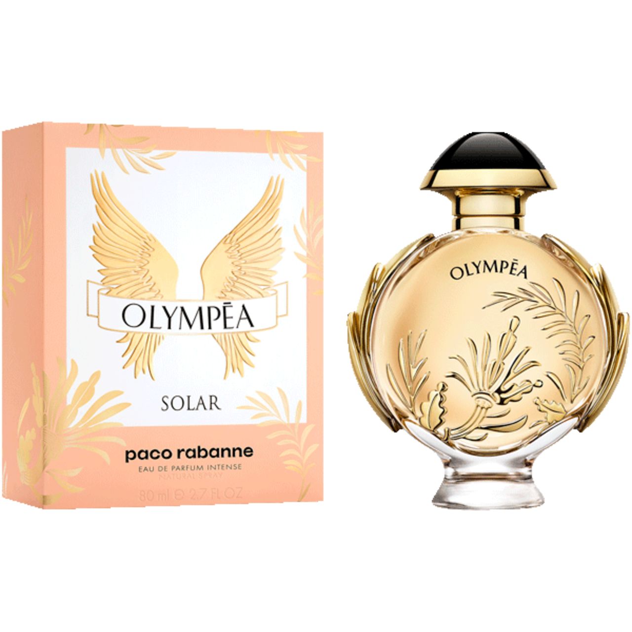 Parfümflakon und Verpackung. Flakon rund, goldfarben. Verpackung rosa mit Flügelmotiv und Schriftzug.