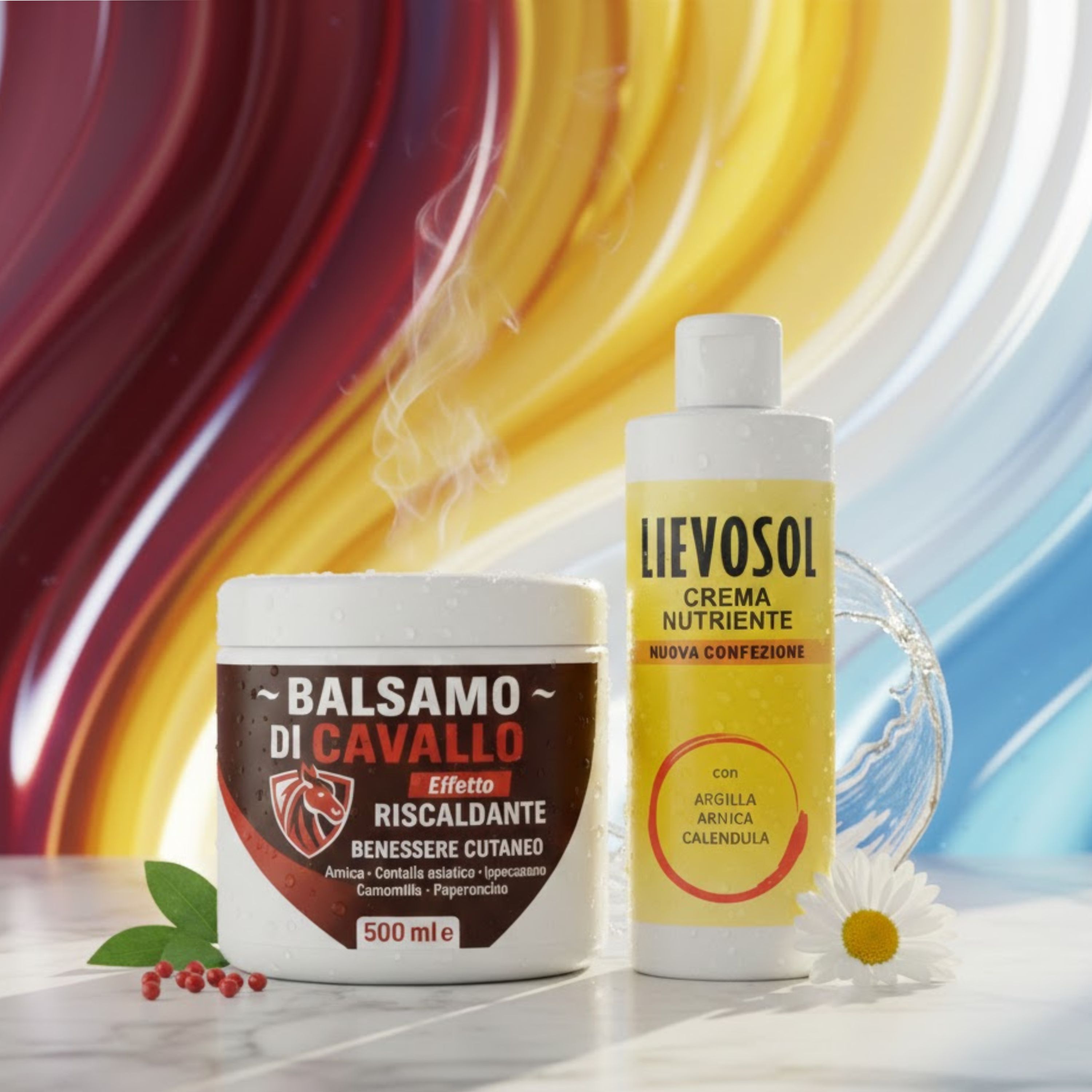 Zwei Produkte: Tiegel und Flasche. Tiegel: Balsamo di Cavallo, Effetto Riscaldante, 500 ml. Flasche: Lievosol Crema Nutriente. Dampf.