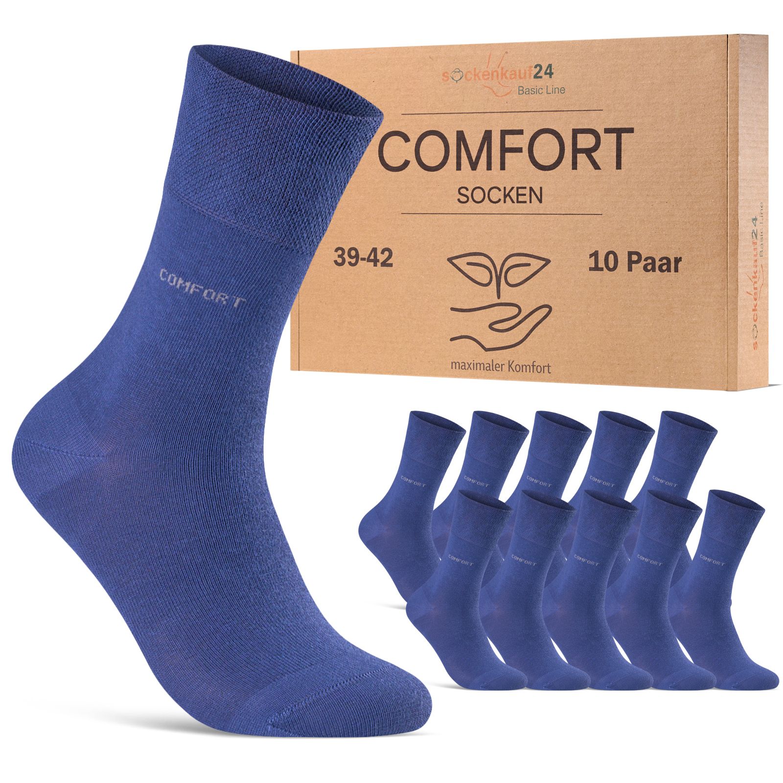Blaue Socken mit Komfortbund ohne Gummi. Aufschrift "COMFORT". Verpackung mit 10 Paar. Größe 39-42.