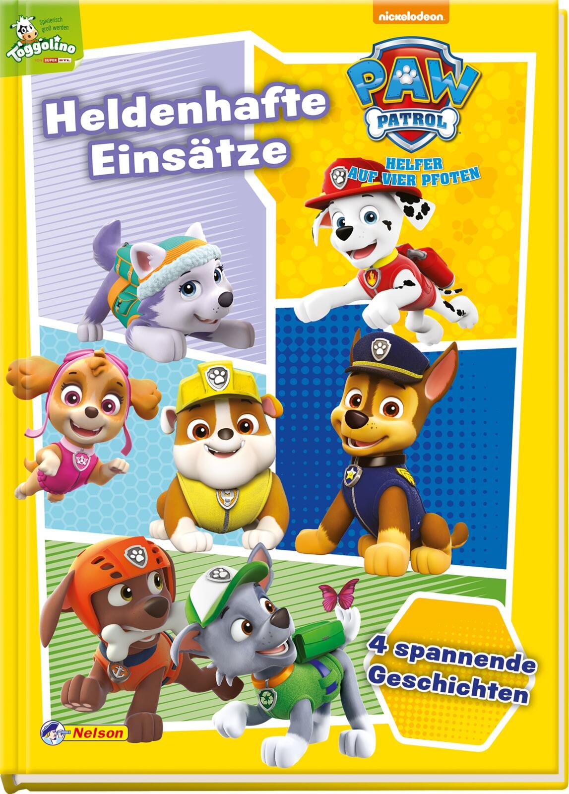 Buchcover mit PAW Patrol-Figuren. Titel: Heldenhafte Einsätze. Gelber Hintergrund, Figuren: Chase, Marshall, Skye, Rubble, Zuma, Rocky, Everest.