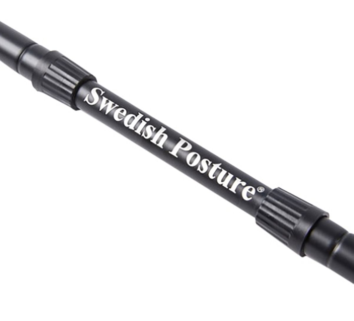 Nahaufnahme der schwarzen Stange mit weißer Aufschrift: Swedish Posture.