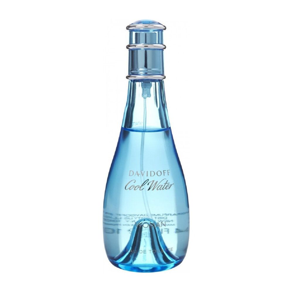 Hellblaue Flasche 'DAVIDOFF Cool Water WOMAN'. Flasche mit Zerstäuber. Blaues Glas.