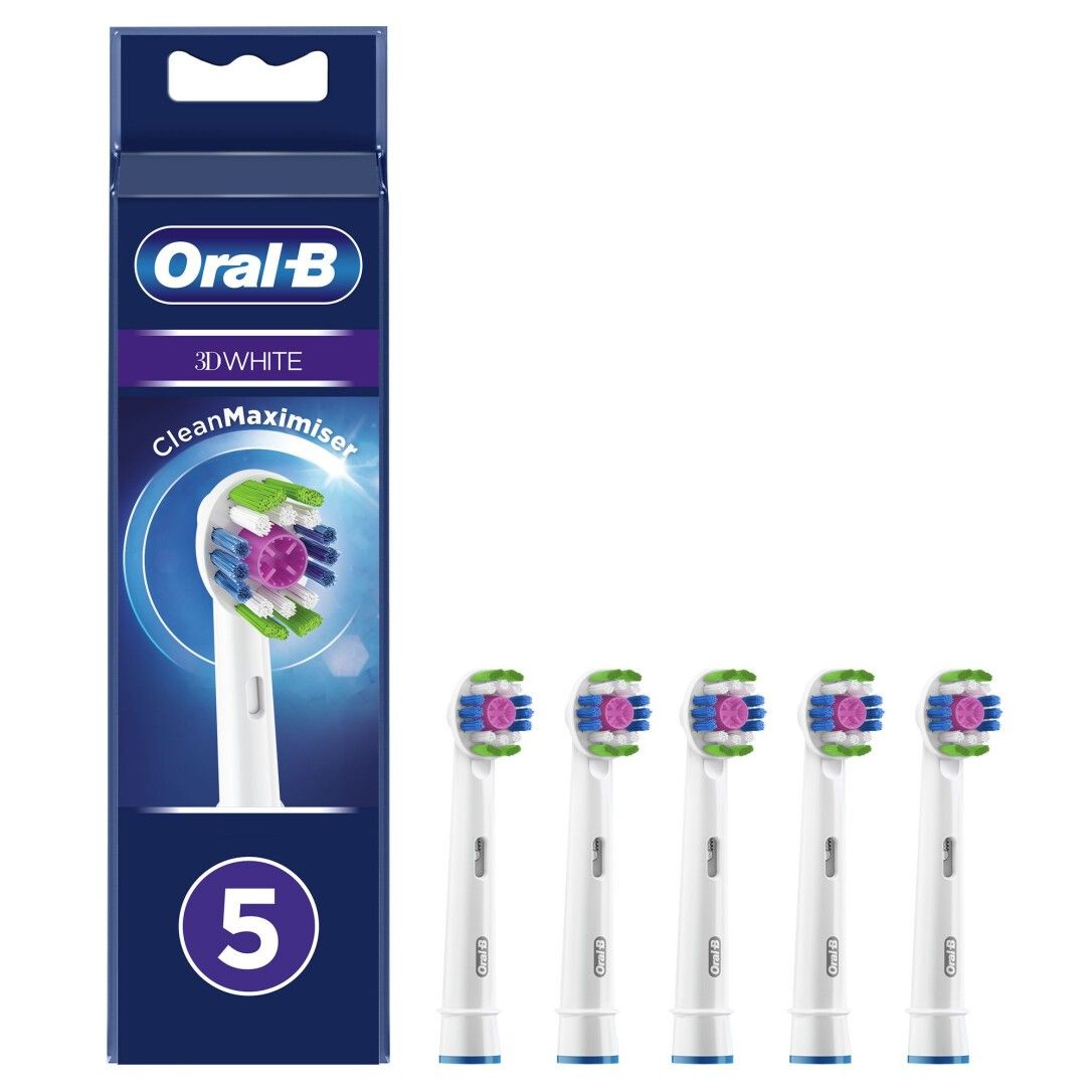Verpackung mit fünf Aufsteckbürsten. Aufschrift: Oral-B, 3D White, CleanMaximiser, 5. Fünf Aufsteckbürsten daneben.