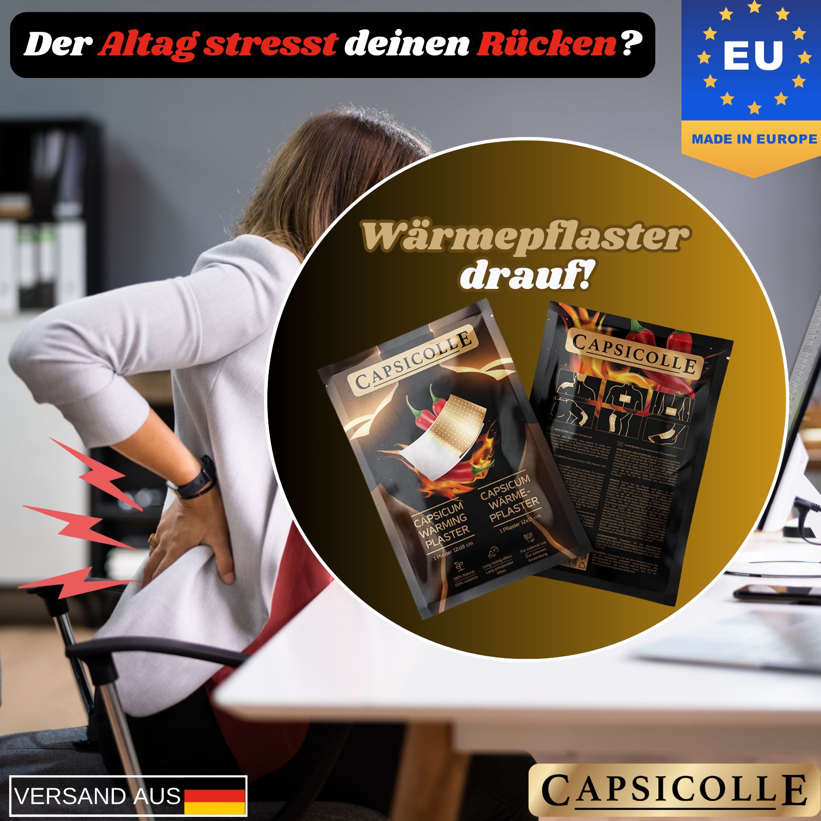 Zwei Capsicolle Wärmepflaster-Verpackungen neben einer Person, die sich am Rücken hält. Text: "Der Alltag stresst deinen Rücken?" und "Wärmepflaster drauf!".