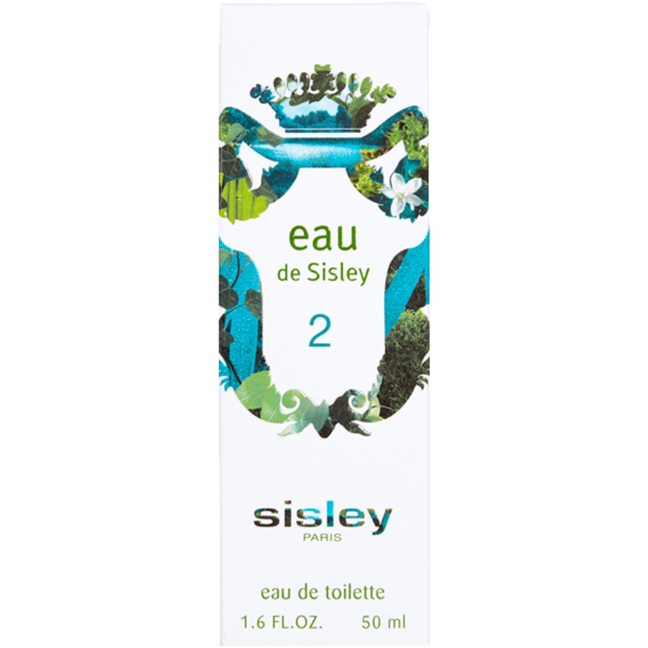 Weiße Verpackung mit grünen und blauen floralen Mustern. Aufschrift: Eau de Sisley 2, eau de toilette, Sisley Paris.