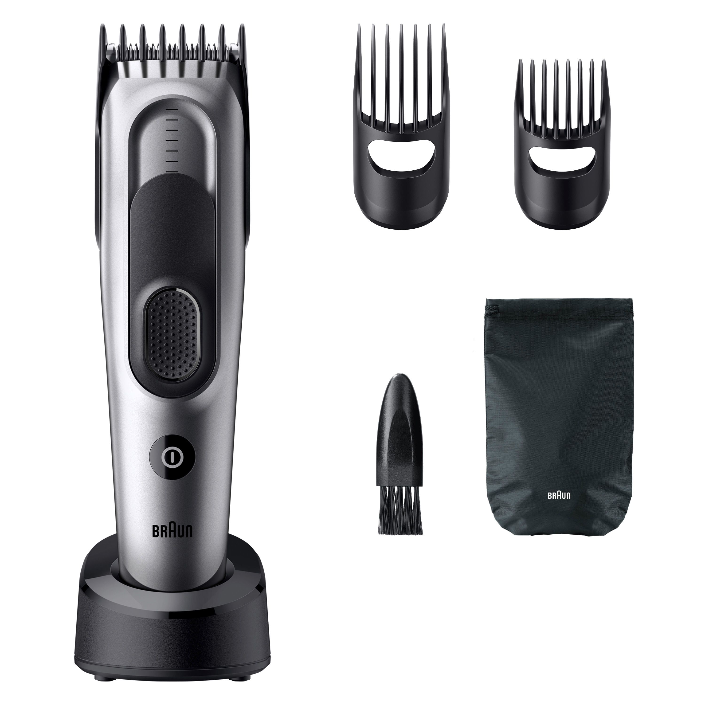 Braun Series 7 Haarschneider mit Ladestation, Aufsätzen, Reinigungsbürste und Beutel. Silber-schwarz. Zubehör.