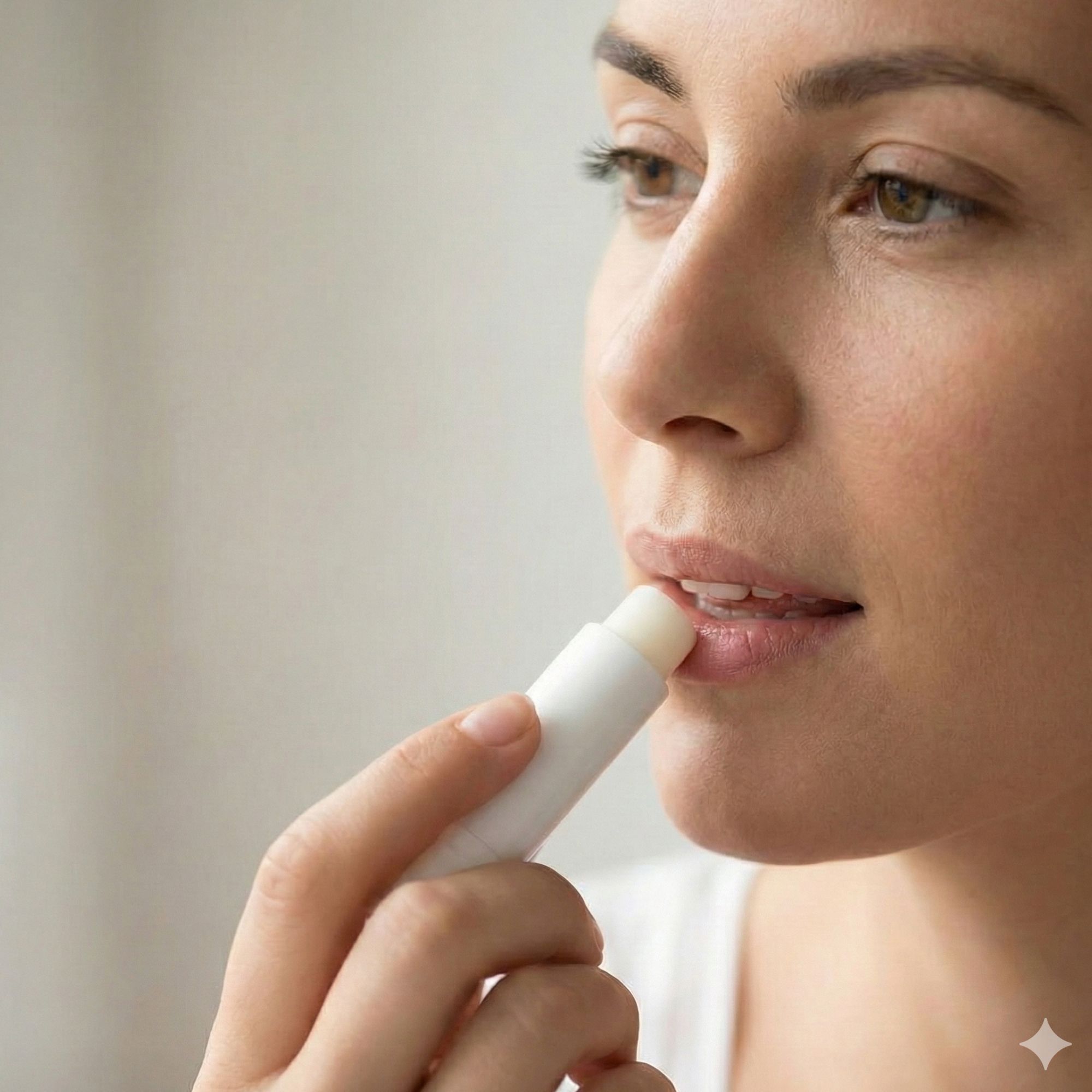 Nahaufnahme einer Frau, die Lippenbalsam auf ihre Lippen aufträgt.