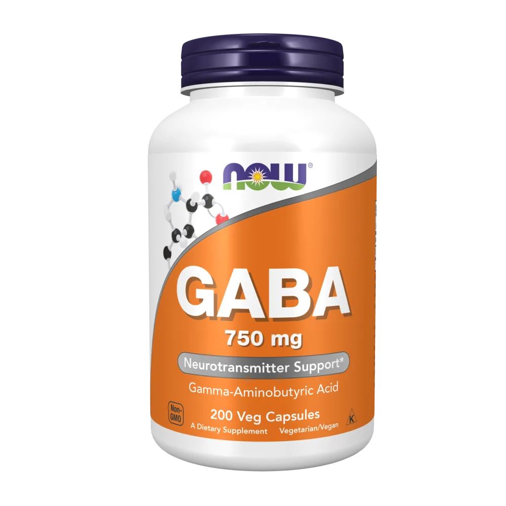 Weiße Flasche mit blauem Deckel. Aufschrift GABA, 750 mg, Neurotransmitter Support, 200 Veg Capsules. Marke NOW.