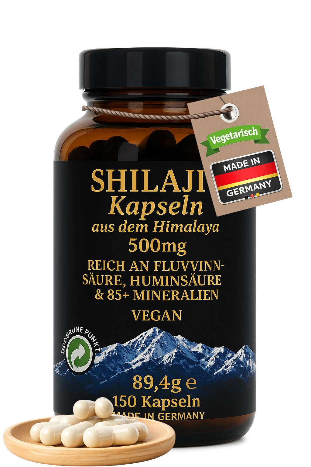 Braune Flasche Shilajit Kapseln, braune Kapseln auf Holzschale. Etikett mit Text. Made in Germany. Vegetarisch.