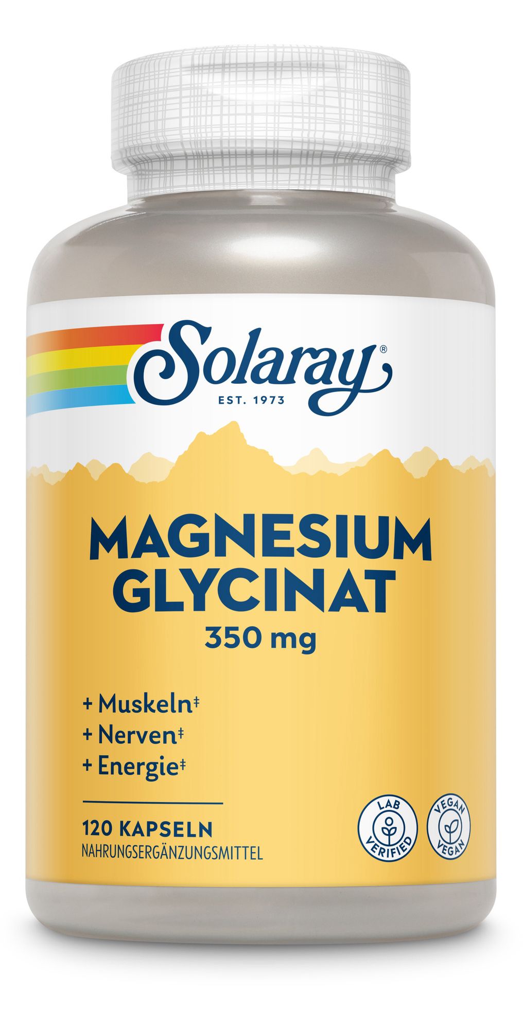 Solaray Magnesium Glycinat 350 mg Flasche. 120 Kapseln. Text: + Muskeln, + Nerven, + Energie. Lab- und vegan-zertifiziert.