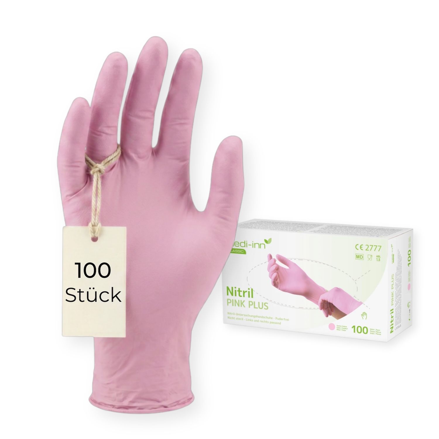 Rosa Nitrilhandschuh mit Etikett '100 Stück' und Produktverpackung.