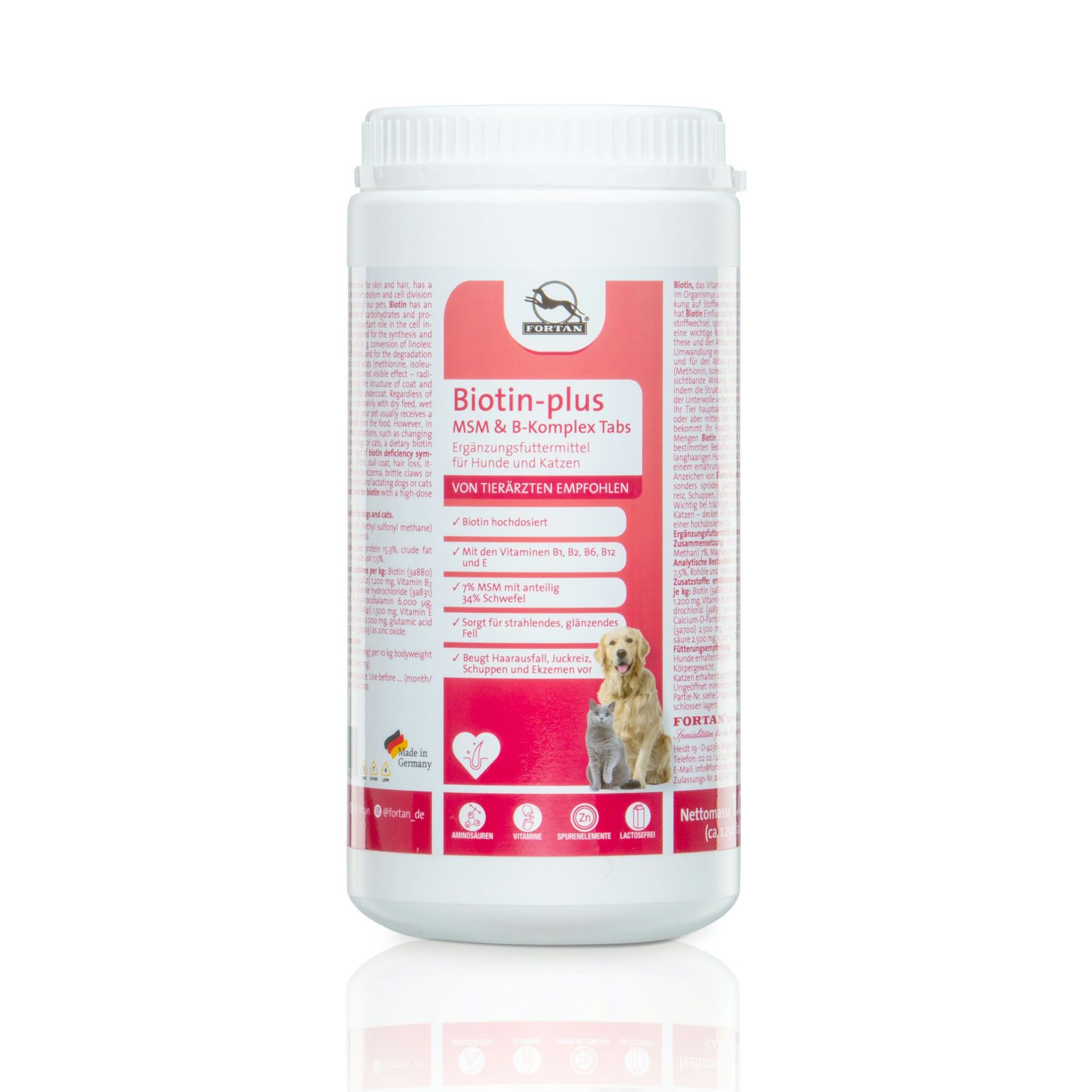 Weiße Dose mit rotem Etikett. Text: FORTAN Biotin-plus MSM & B-Komplex Tabs. Empfohlen von Tierärzten. Hund und Katze.