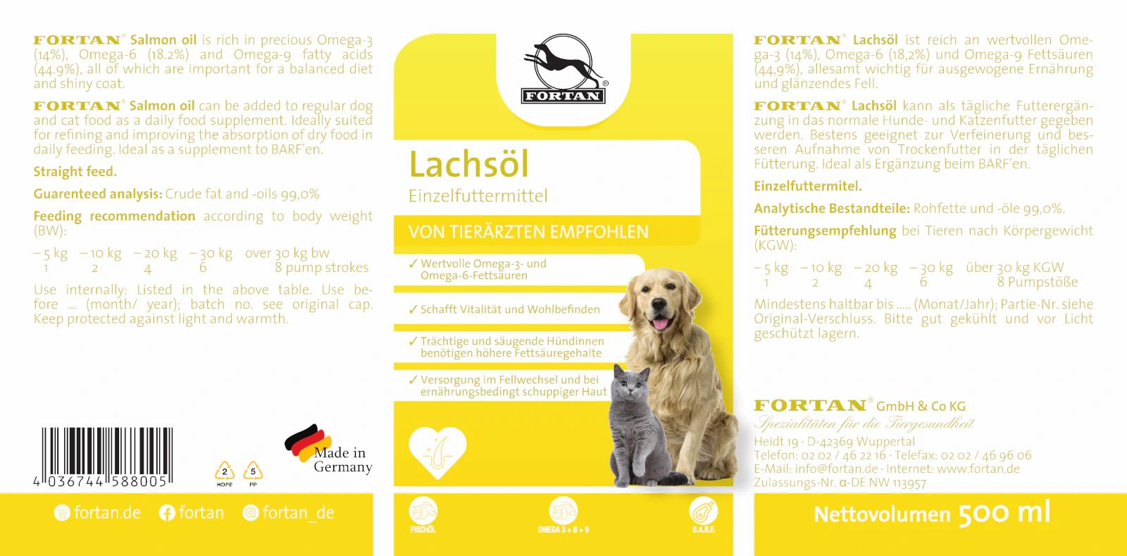 Etikett mit Produktname, Logo, Abbildung von Hund und Katze. Text: Lachsöl. Angaben zu Inhaltsstoffen und Fütterungsempfehlung. Hergestellt in Deutschland.