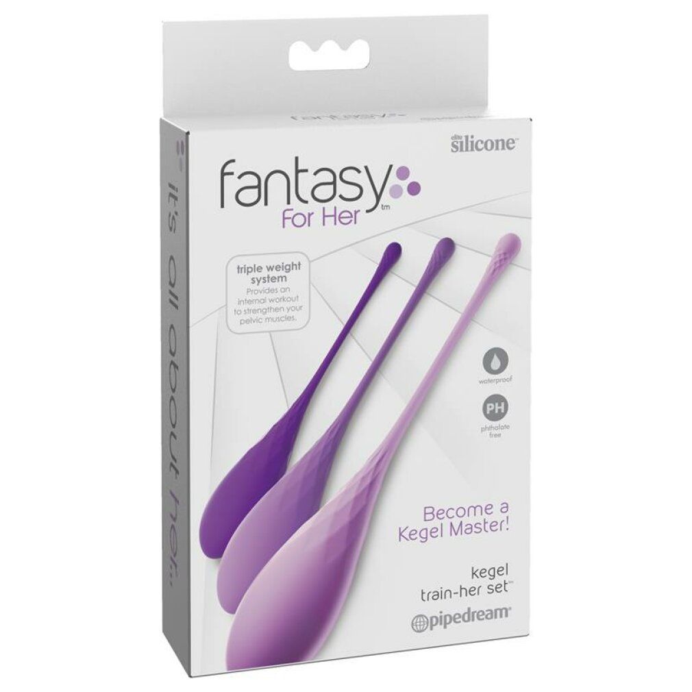 Verpackung mit drei Kegel-Trainingskugeln. Marke: fantasy for Her. Text: Kegel train-her set. Wasserdicht.