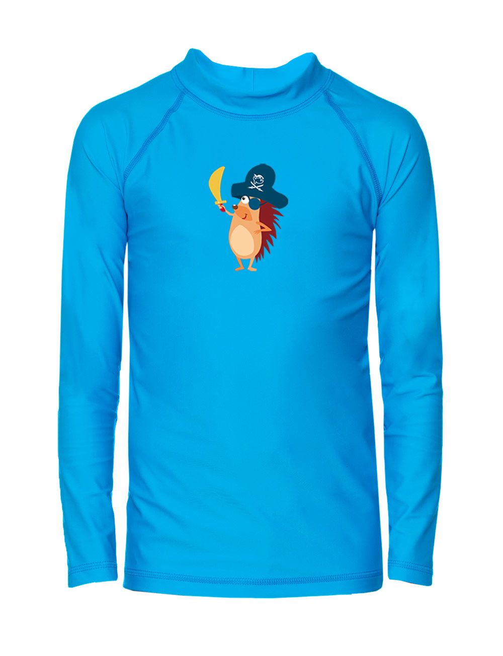 Türkisfarbenes Langarmshirt mit Igel-Piraten-Motiv. Raglanärmel, Stehkragen. Aufdruck: Igel mit Piratenhut und Säbel.