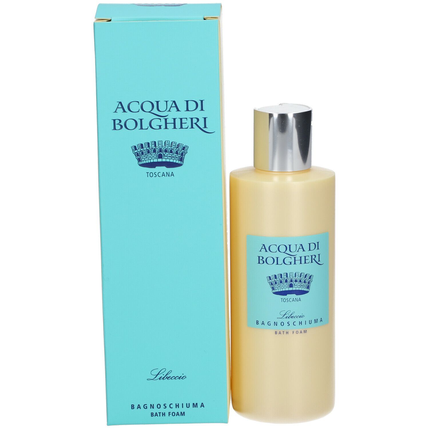Flacone beige con tappo argentato e confezione blu. Testo visibile sul flacone e sulla confezione: ACQUA DI BOLGHERI, Libeccio Bagnoschiuma.