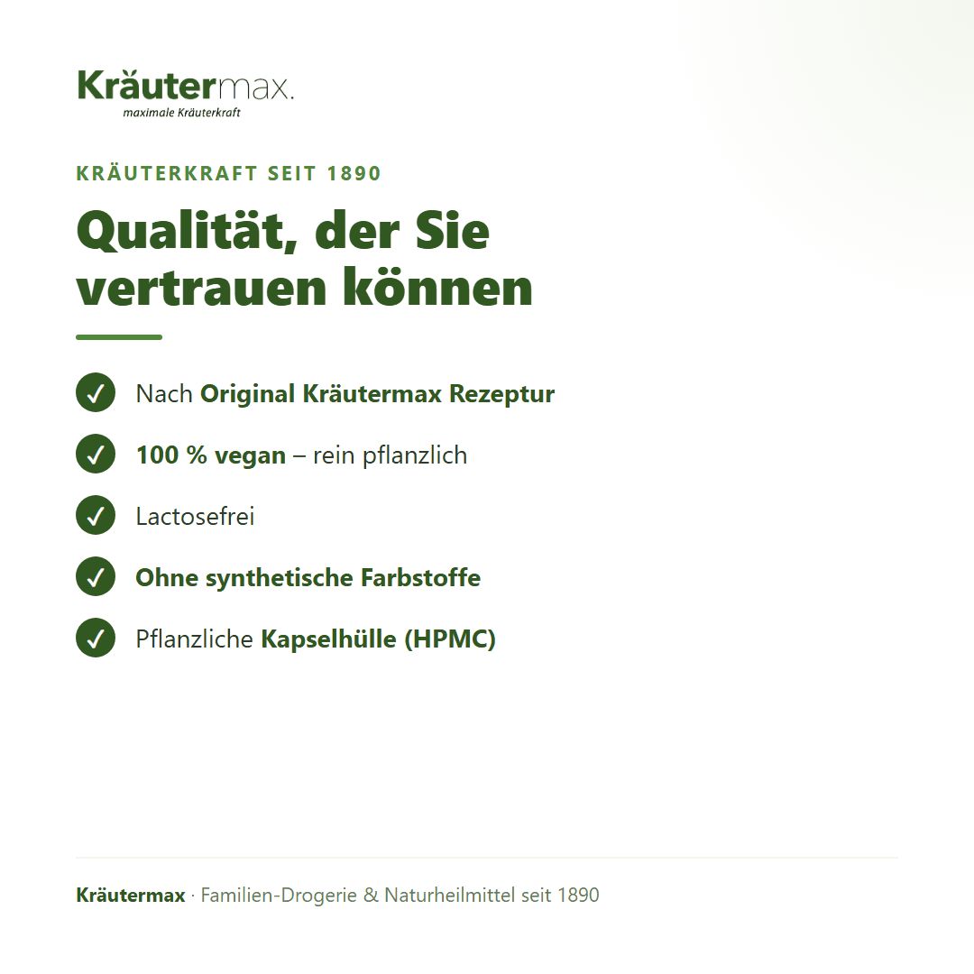 Liste mit Qualitätsmerkmalen: Nach Rezept, 100% vegan, laktosefrei, ohne synthetische Farbstoffe.