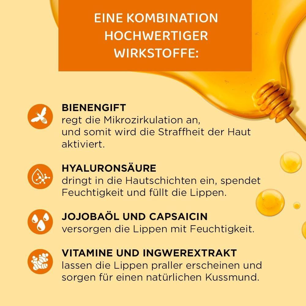 Text über Inhaltsstoffe: Bienengift, Hyaluronsäure, Jojobaöl, Vitamine. Honig-Illustration im Hintergrund.