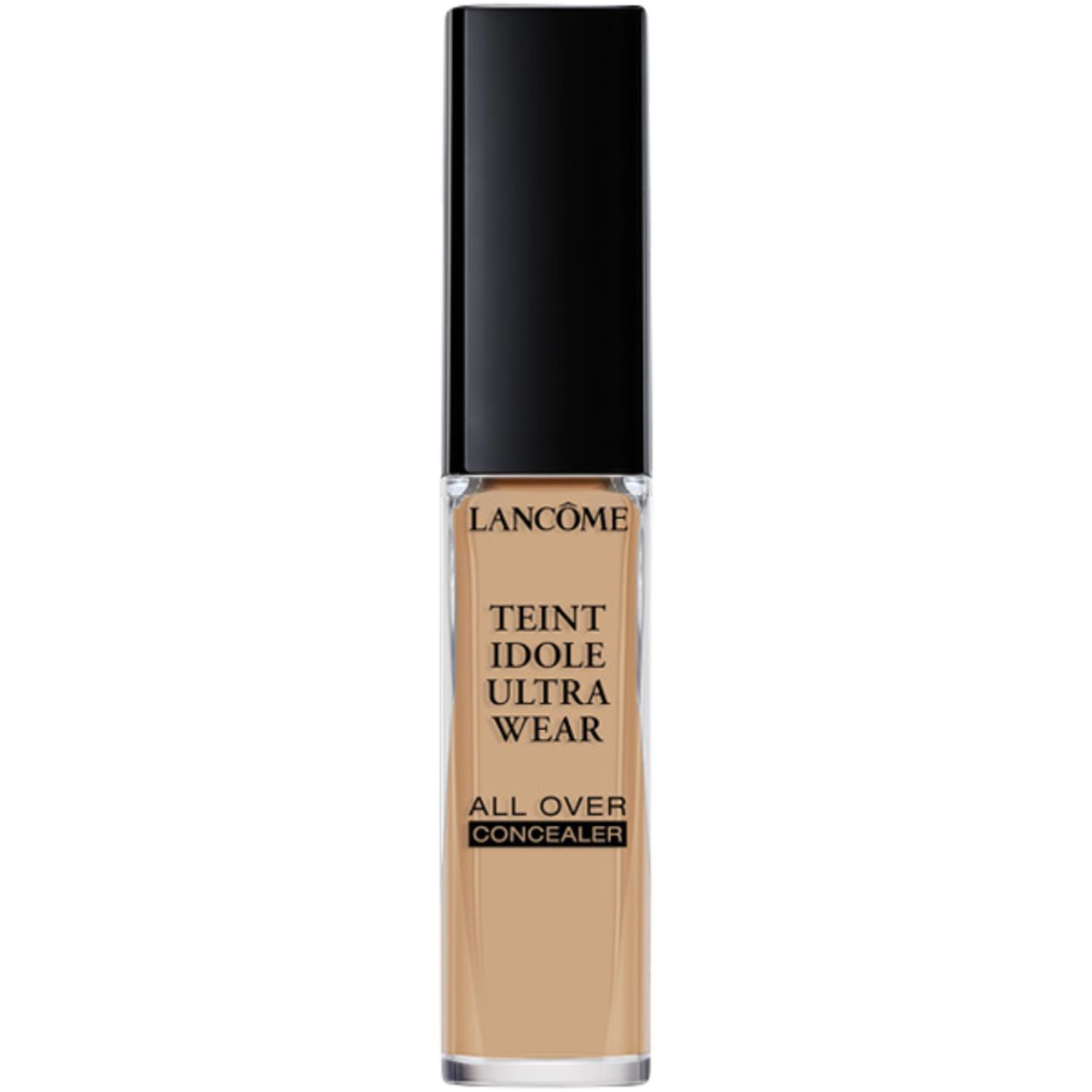 Lancôme Teint Idole Ultra Wear Concealer. Rechteckige Flasche mit schwarzem Deckel. Produkttext und Farbton sichtbar.