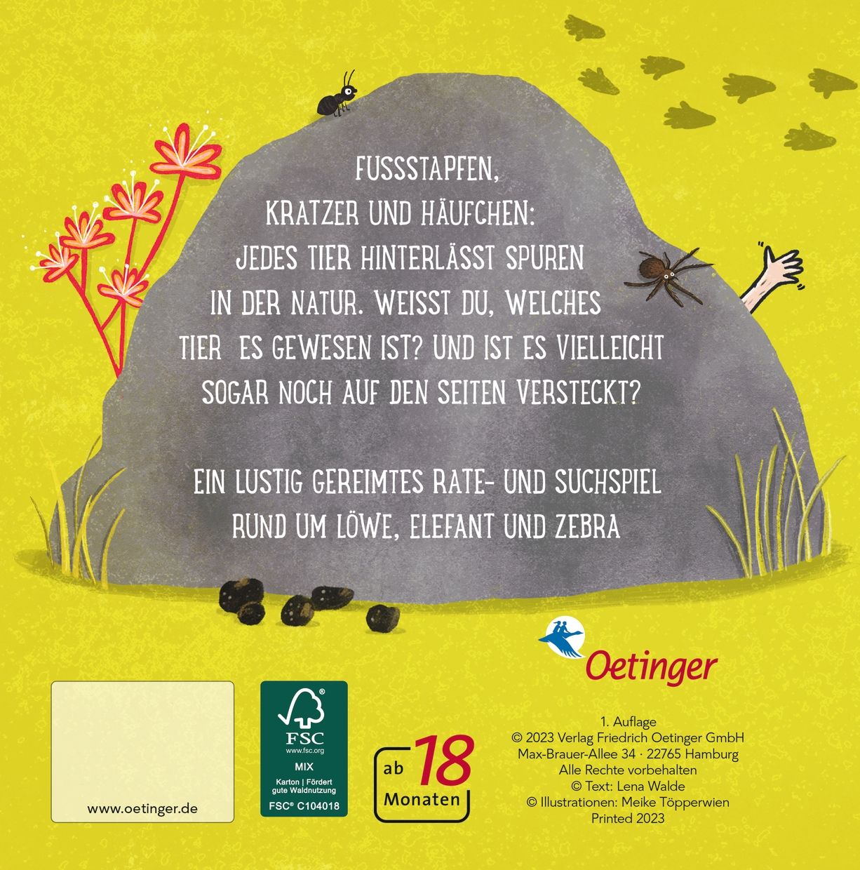 Rückseite des Buches "Welches Tier war hier?". Text auf grauem Stein. FSC-Siegel, Altersangabe ab 18 Monaten, Verlag Oetinger.