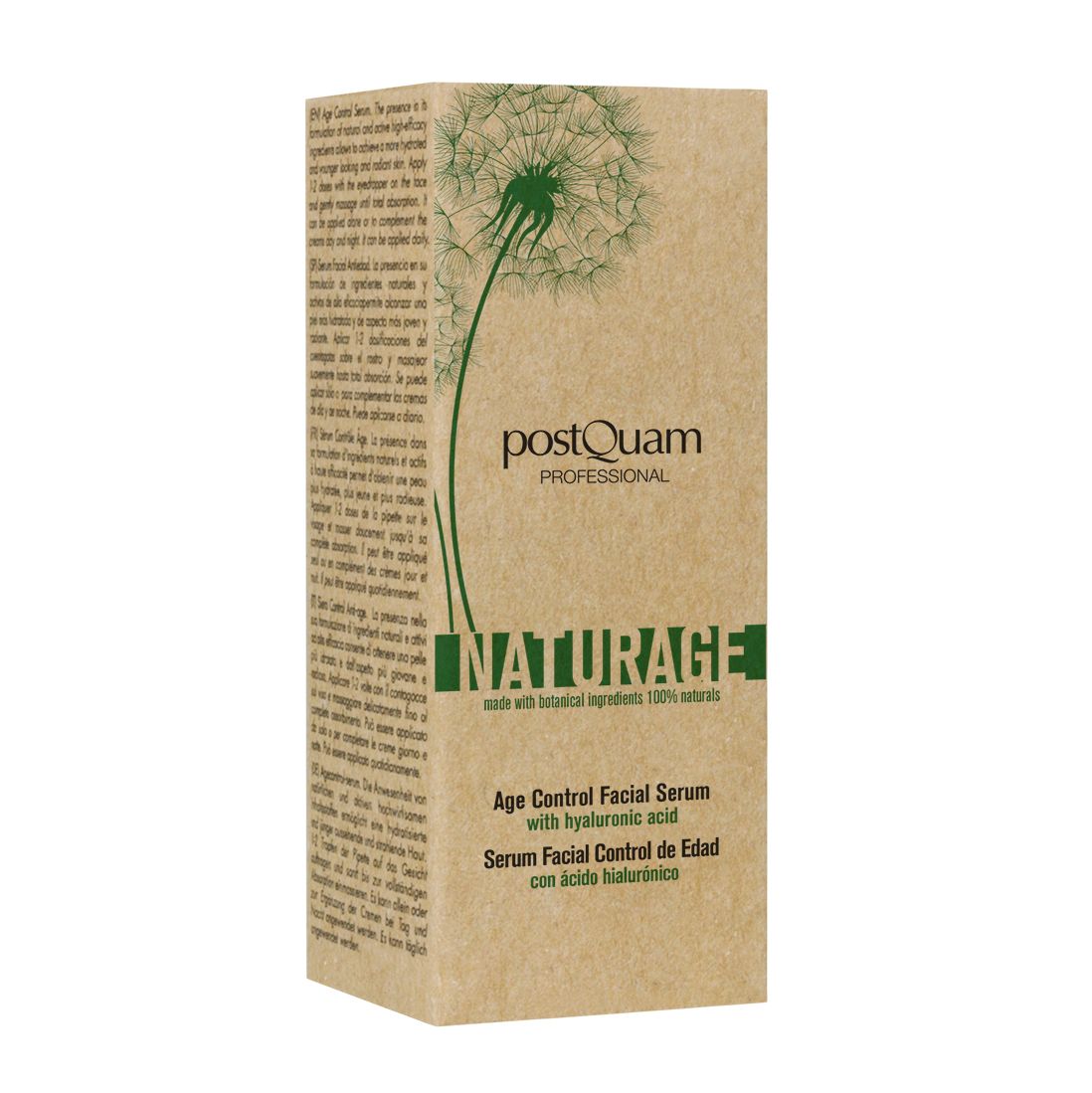 Kartonverpackung mit Serum-Aufschrift: Postquam, INATURAGE, Age Control Facial Serum. Brauner Karton mit Text und Logo.