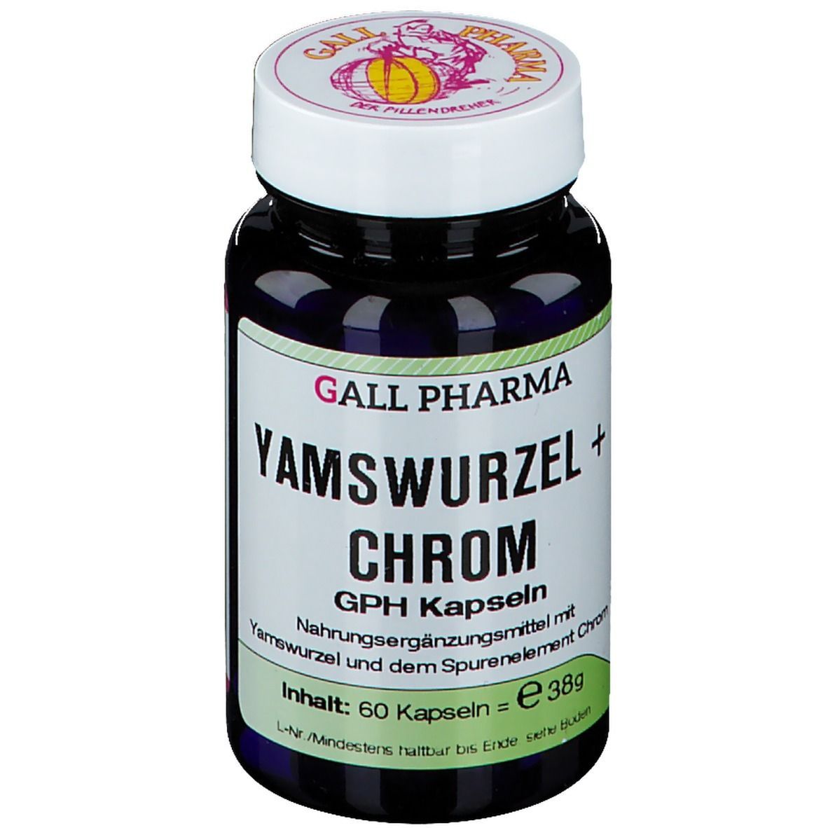 Blaue Flasche mit weißem Deckel. Aufschrift: GALL PHARMA Yamswurzel + Chrom GPH Kapseln. Inhalt: 60 Kapseln. Hersteller.