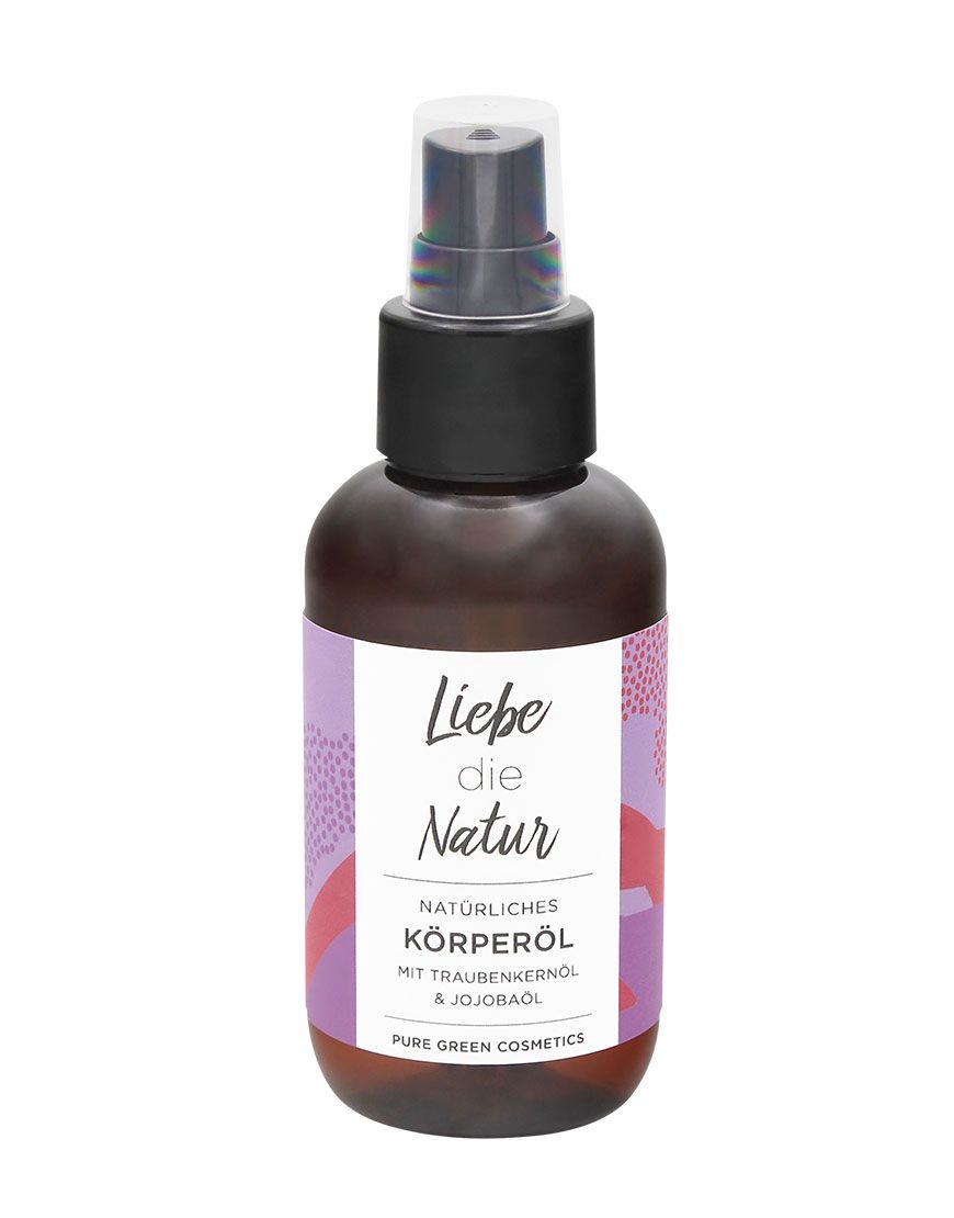 Braune Glasflasche mit Sprühkopf. Etikett mit Produktbezeichnung und Logo. Klarer Hintergrund.