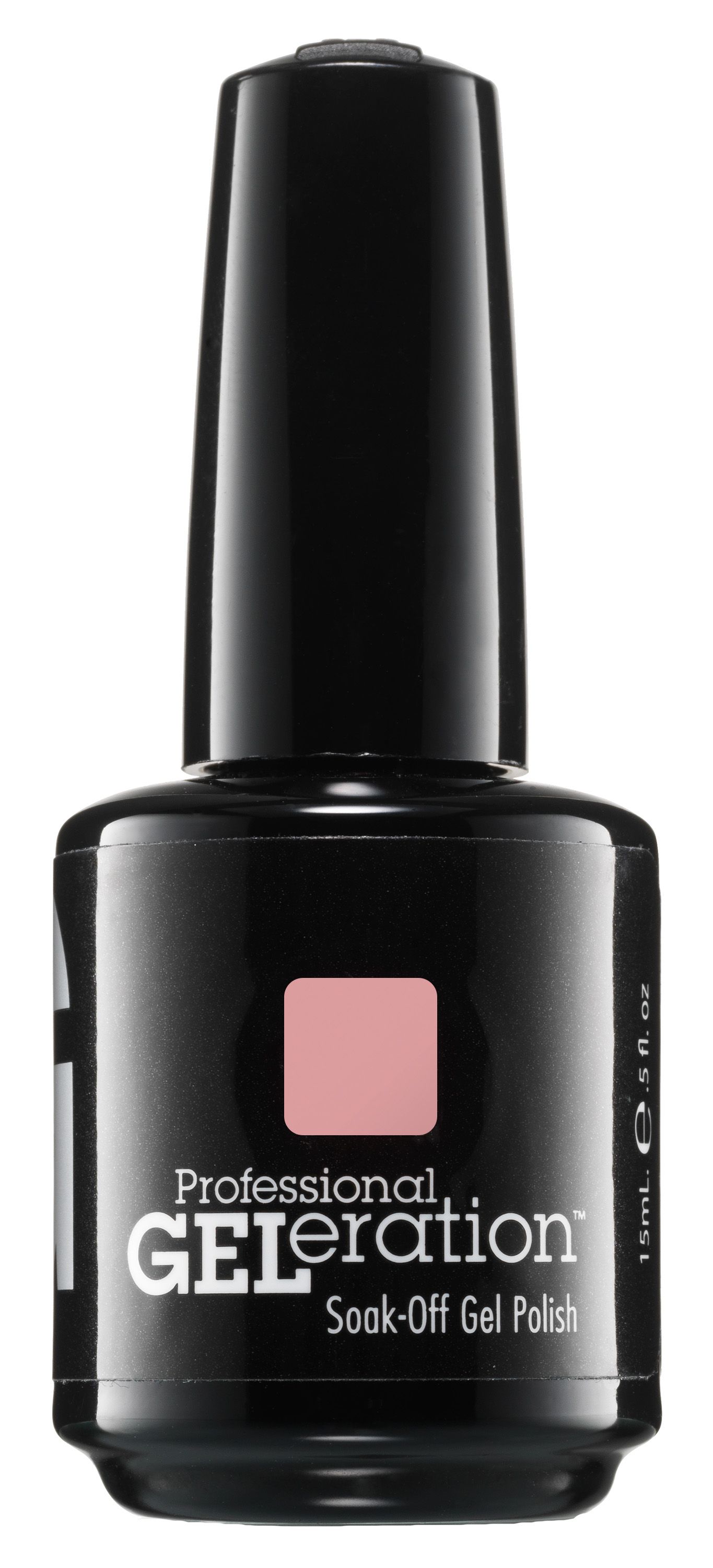 Schwarze Flasche mit rosafarbenem Gel-Nagellack. Aufschrift: GELeration Soak-Off Gel Polish. 15ml.