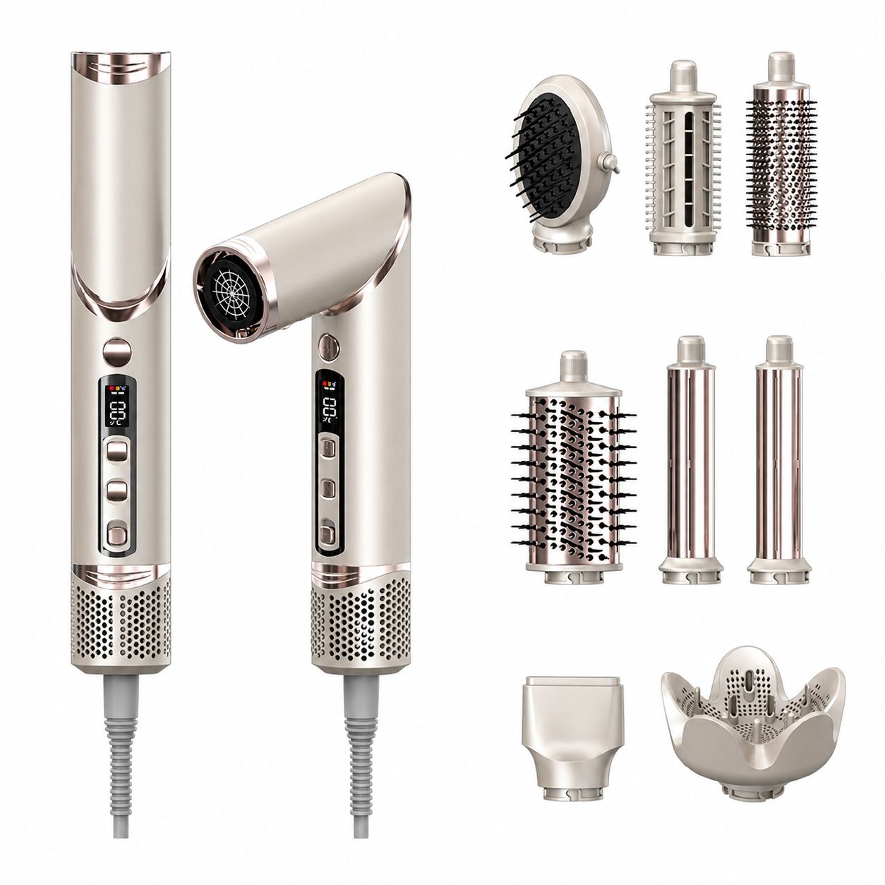 Airstyler mit verschiedenen Aufsätzen. Zeigt das Gerät und die enthaltenen Zubehörteile.