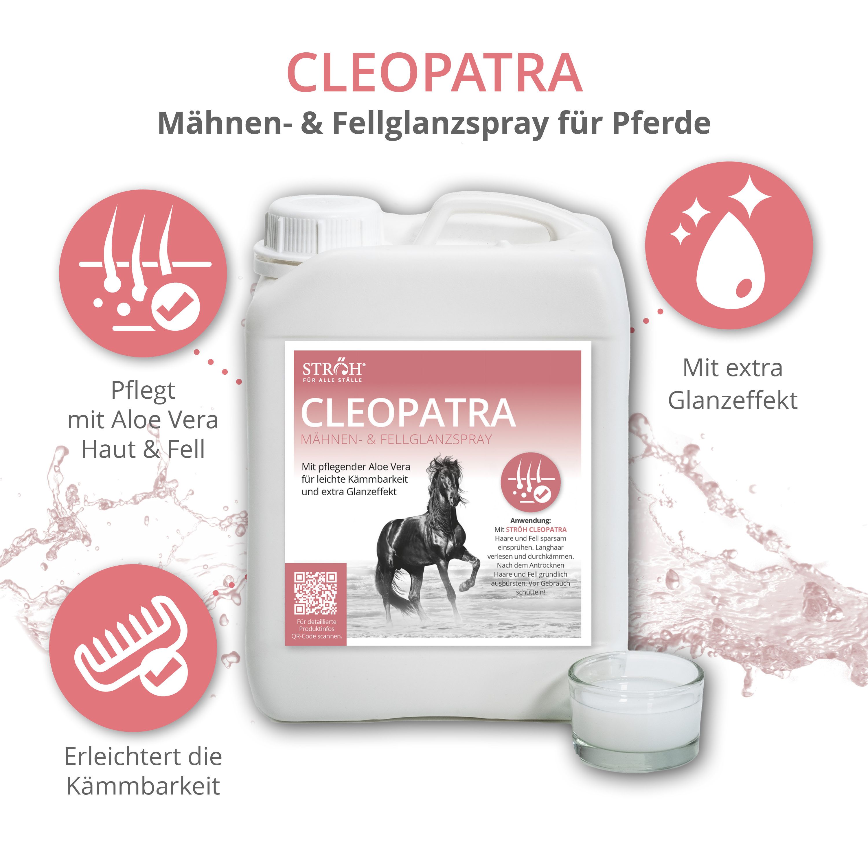 Weißer Kanister mit Etikett. Aufschrift: Cleopatra Mähnen- & Fellglanzspray. Kleines Glas daneben. Grafiken.