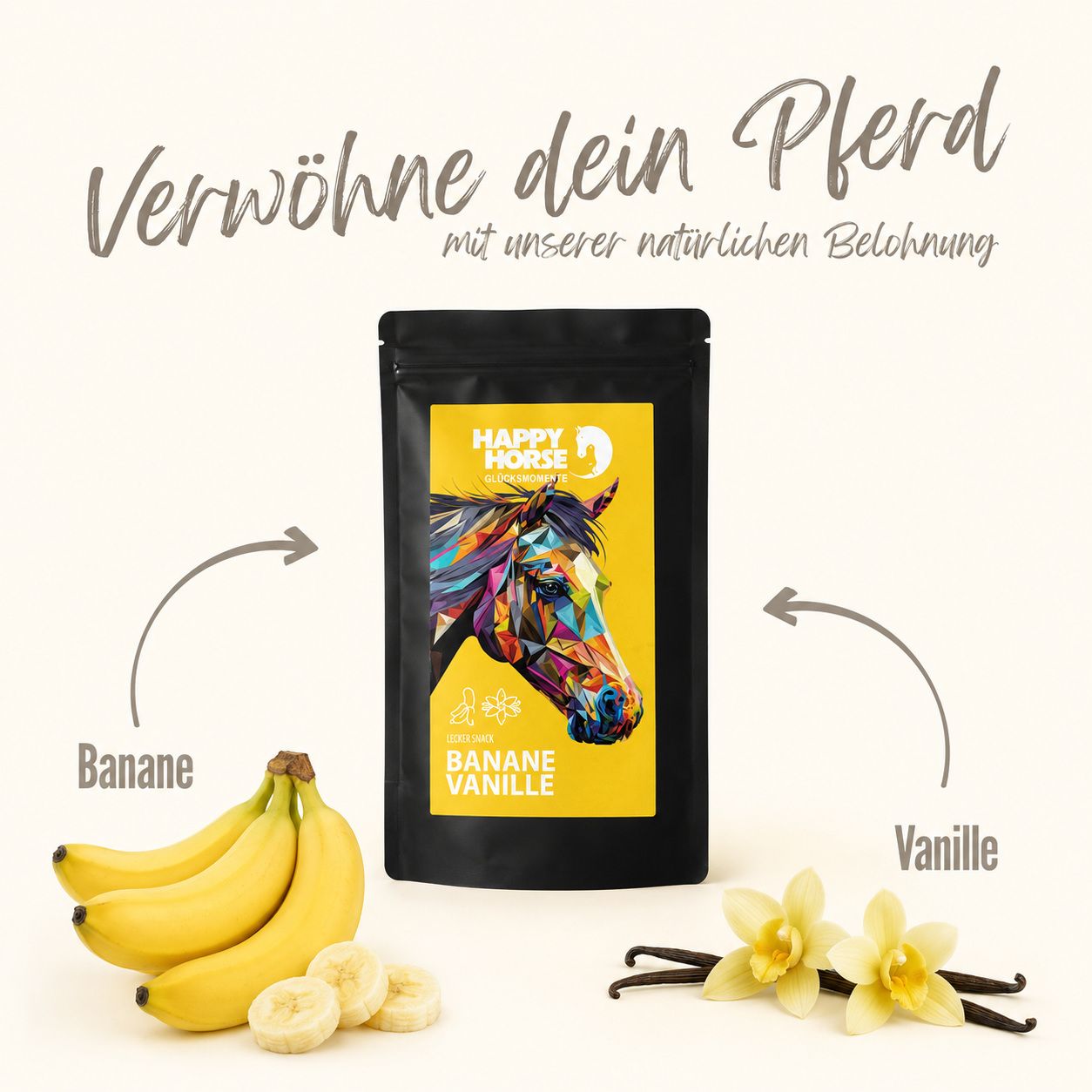 Happy Horse Lecker Snack Banane Vanille mit Bananen und Vanilleschoten.