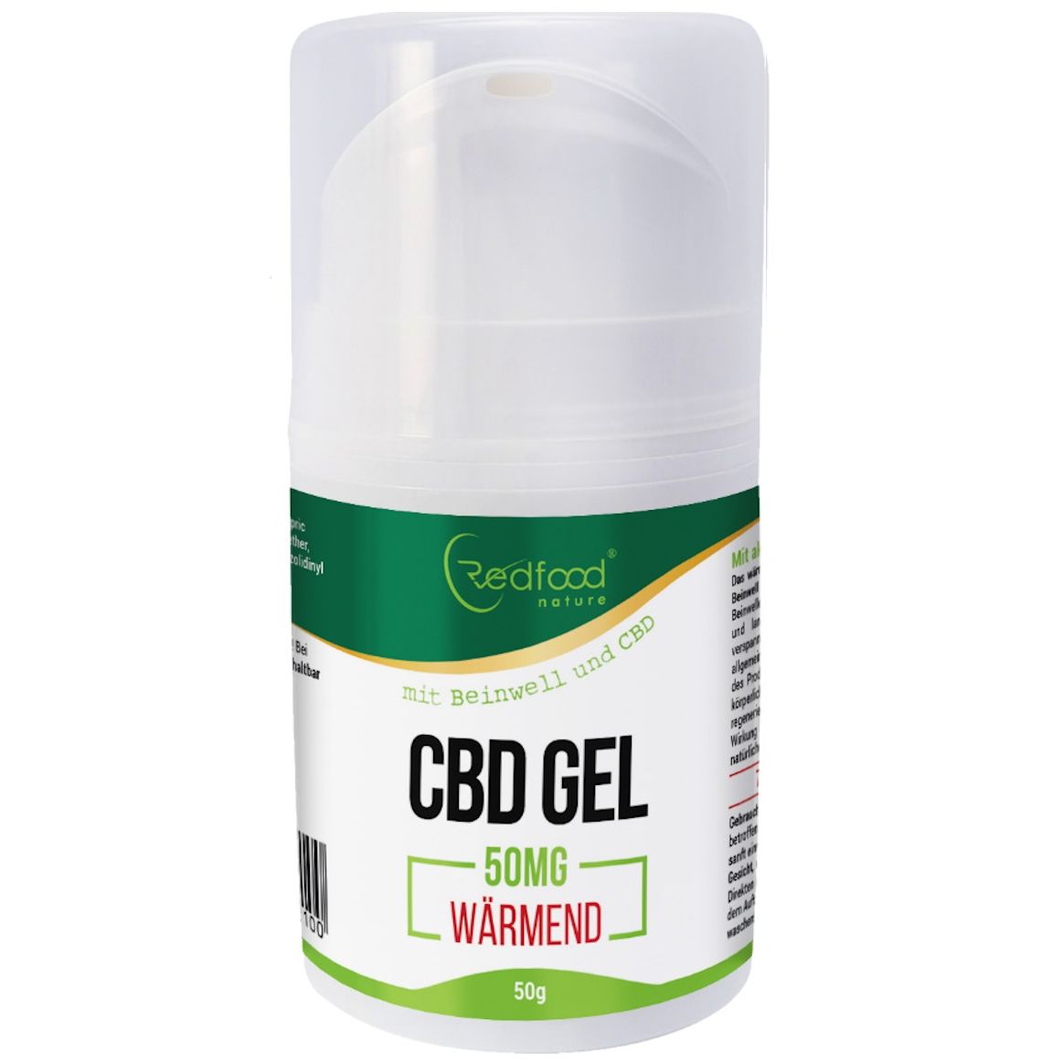 Weißer Tiegel mit grünem Etikett. Aufschrift: Redfood, CBD Gel, 50mg wärmend. Barcode.