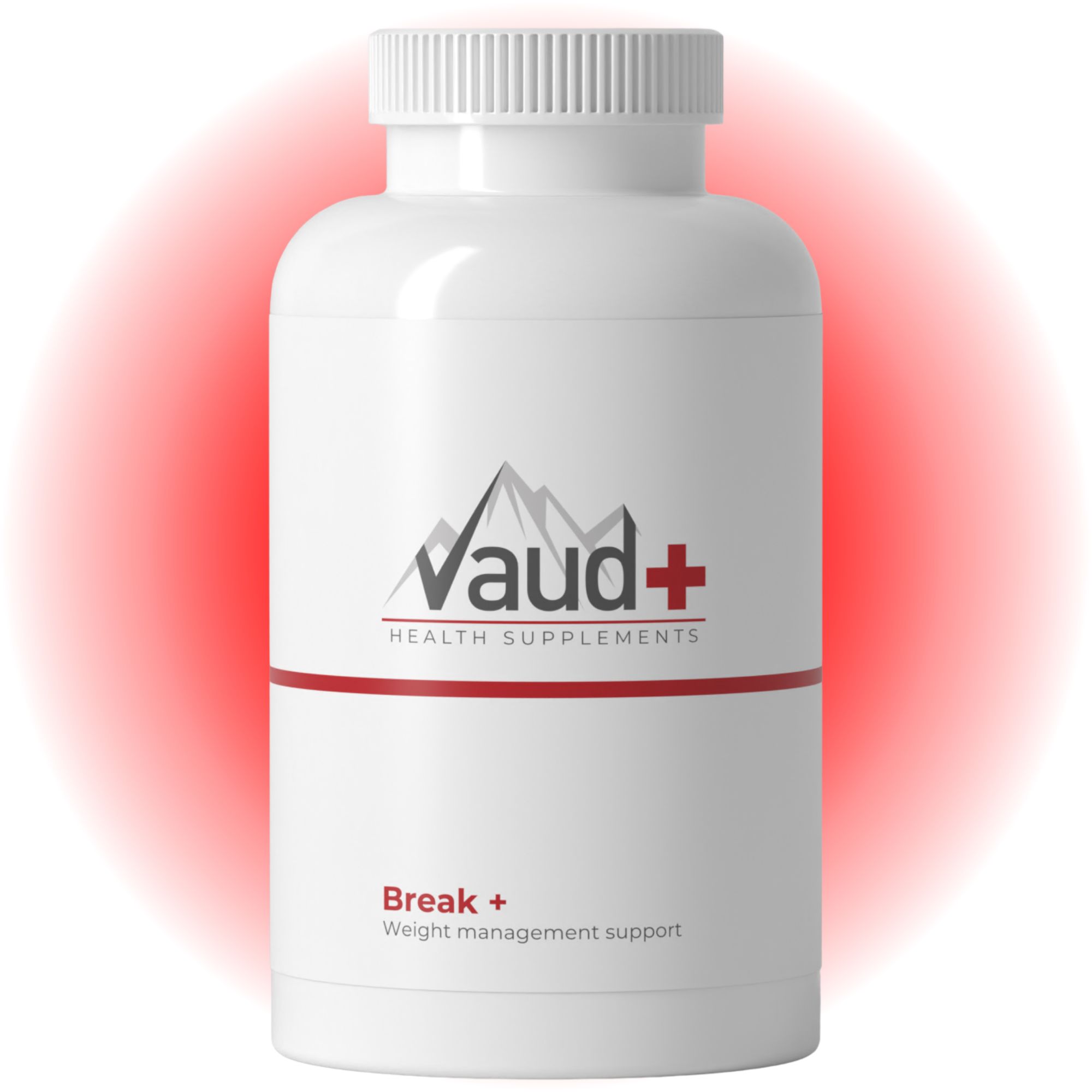 Weiße Flasche mit rotem Streifen. Vaud+ Health Supplements, Break+ Weight management support.