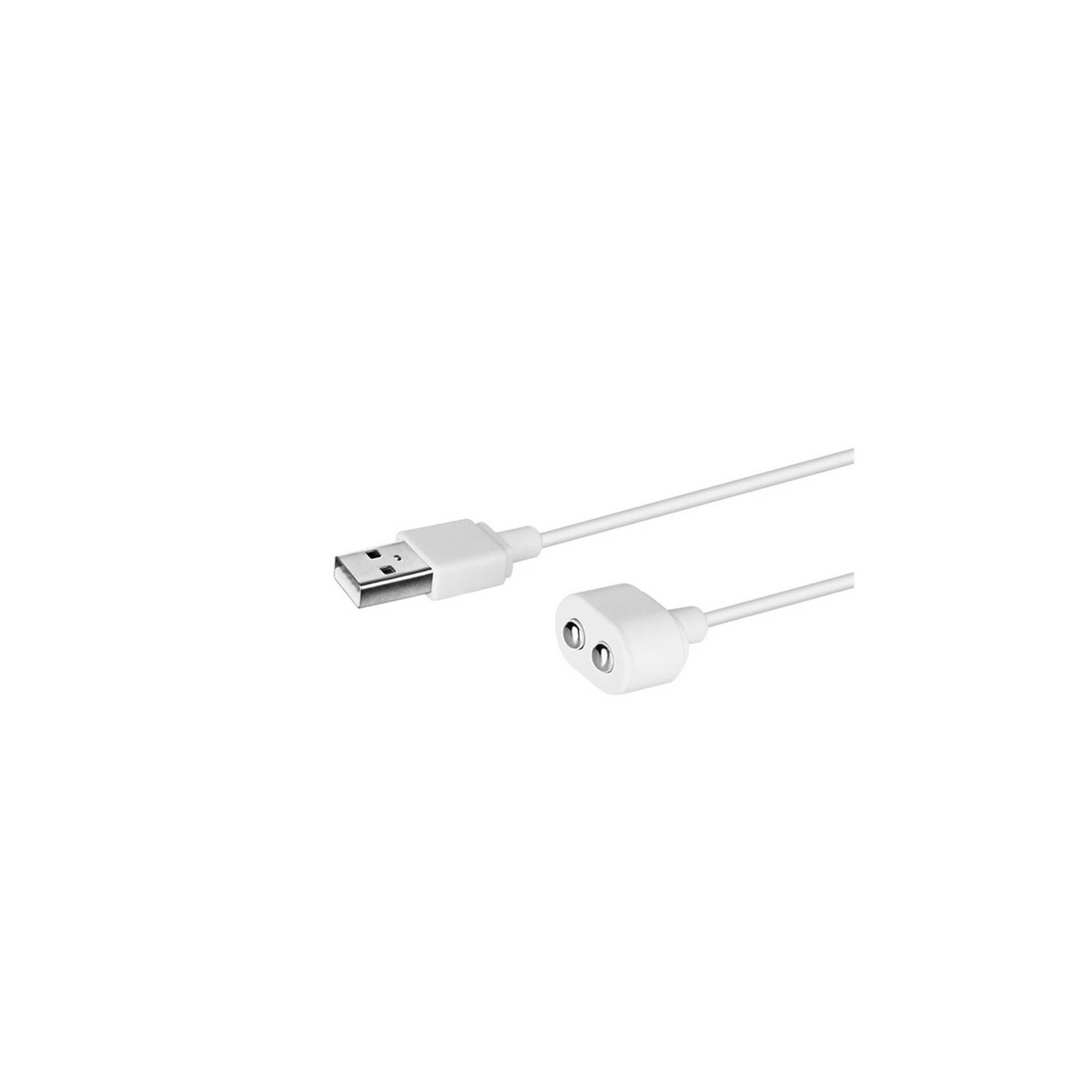 Weißes USB-Ladekabel mit USB-A-Stecker und magnetischem Anschluss mit zwei runden Kontakten.
