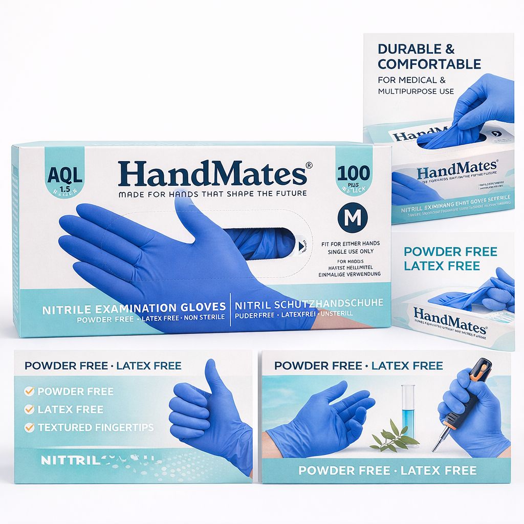 Produktabbildung mit blauen Nitril Schutzhandschuhen. Latex- und puderfrei. Größe M. Mehrere Ansichten.