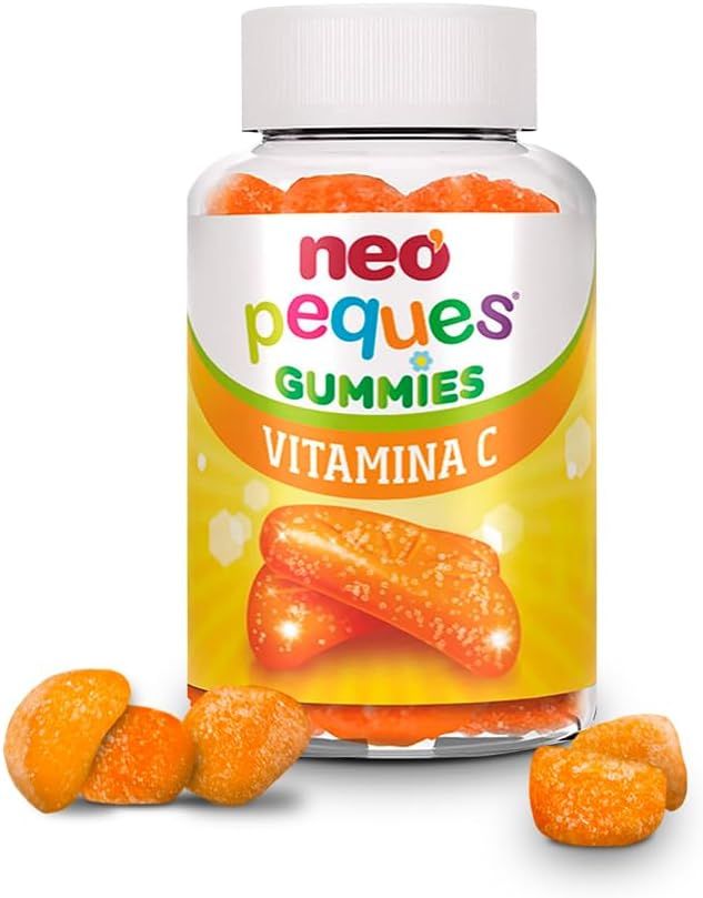 Eine Flasche Neo Peques Gummies Vitamin C und einige orangefarbene Gummies. Aufschrift: Vitamin C.