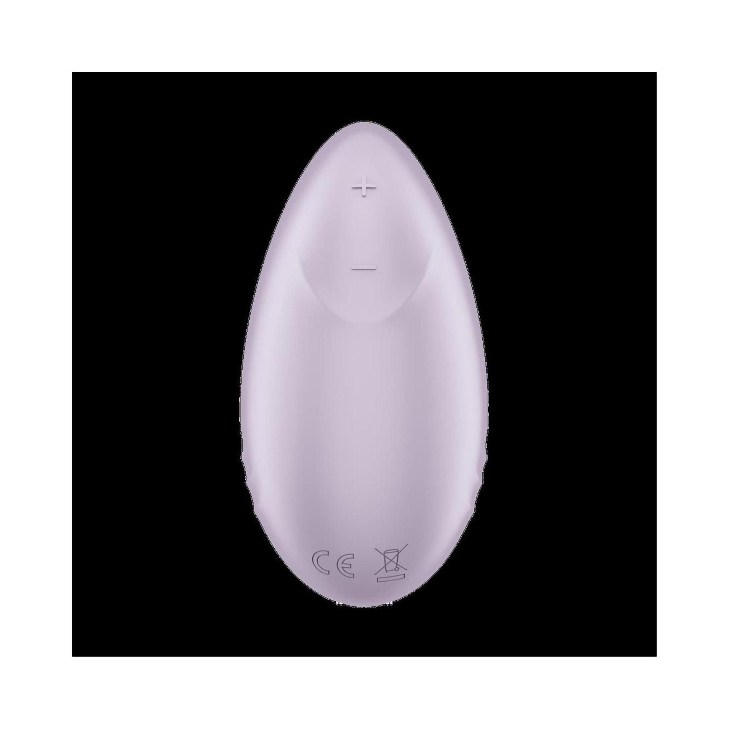 Vibrator, lila. Unterseite mit Bedienelementen und CE-Kennzeichnung. Tropfenförmig.