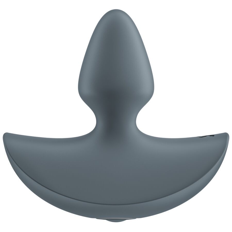 Grauer Analplug mit tropfenförmigem Kopf und geschwungener Basis. Oberseite mit zwei Ausbuchtungen.