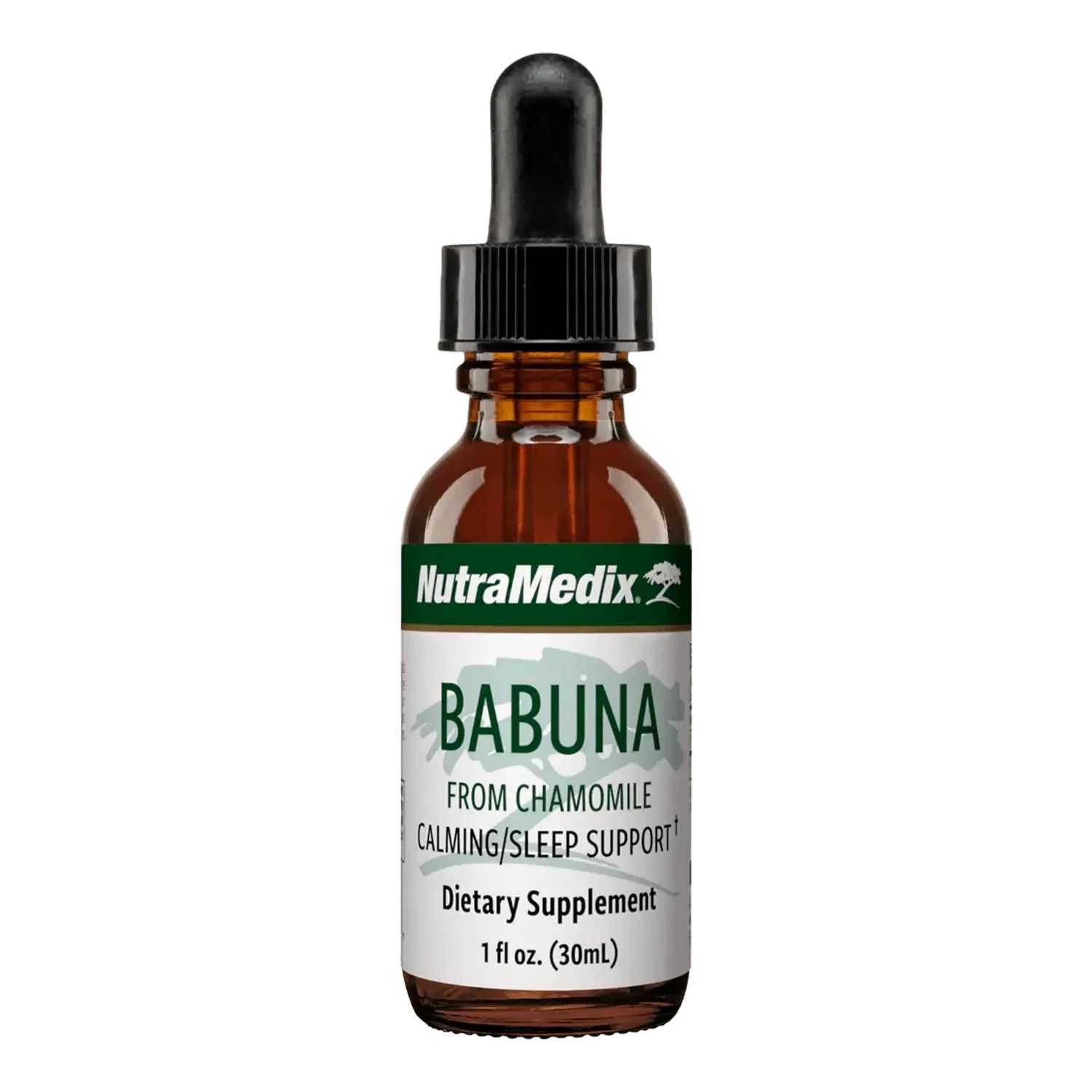 Braune Glasflasche mit schwarzem Tropfer. Etikett mit "BABUNA" und "NutraMedix". Zusatznahrung, 1 fl oz (30ml).