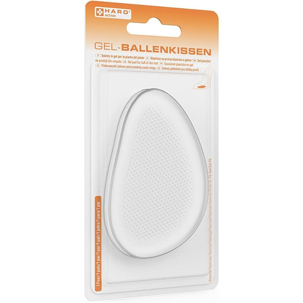 Haro Gel-Ballenkissen in Blisterverpackung. Transparentes Gel-Pad mit Noppenstruktur. Produktinformationen und Logo.