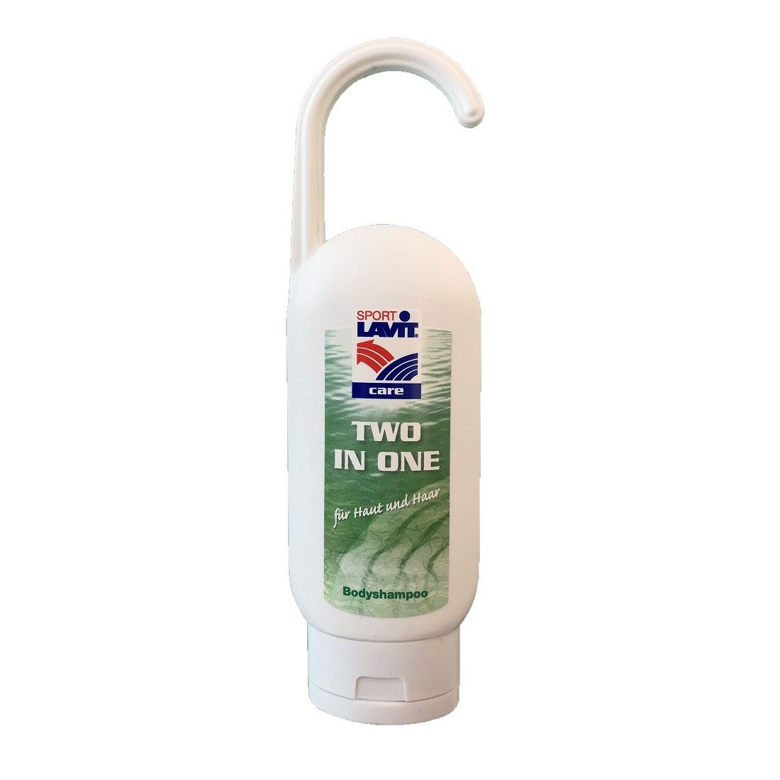 Weißes Sport Lavit Two in One Bodyshampoo mit Haken. Text: Two in One, Bodyshampoo. Rote und blaue Logos.